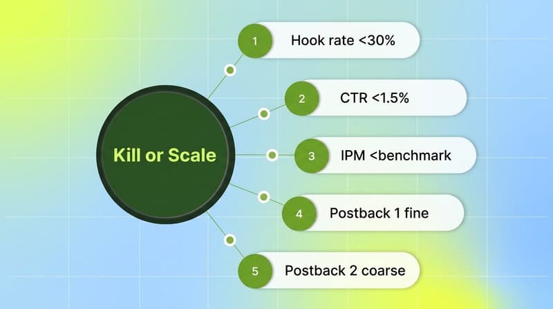 Two-stage kill and scale flow showing pre-install thresholds and SKAN postback signals for iOS creative testing