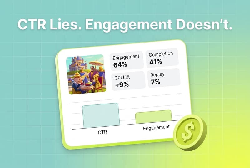 Tilted Segwise analytics card showing playable ad performance metrics (engagement, completion, retention) with a dollar coin accent