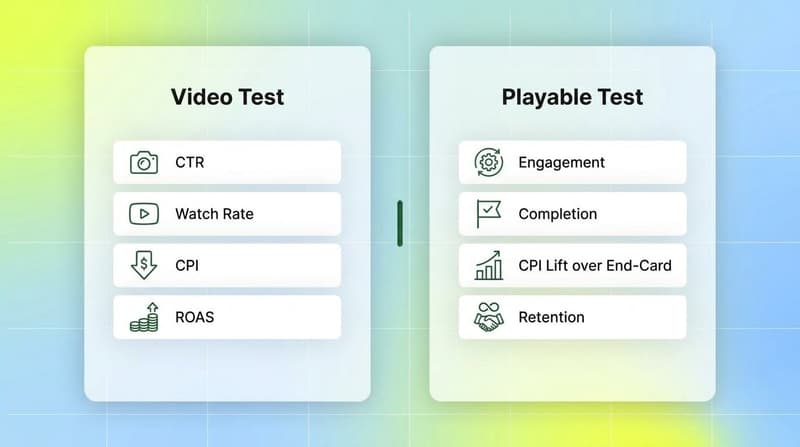Side-by-side comparison of video ad testing metrics versus playable ad testing metrics
