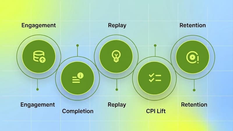 Cluster diagram of the five core playable testing metrics that replace CTR