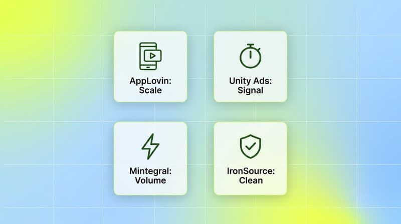 Four white cards summarising the playable-testing personality of AppLovin, Unity Ads, Mintegral, and IronSource