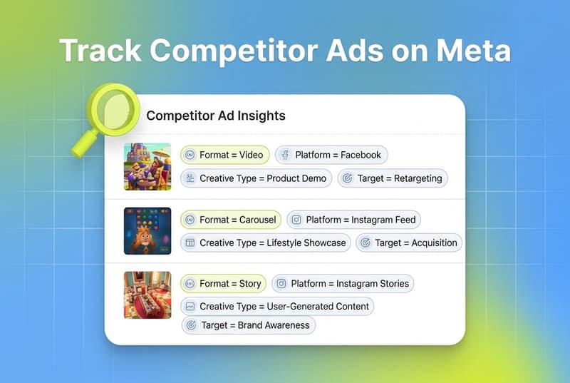 Segwise blog cover showing competitor tracking dashboard card with magnifying glass accent and headline about tracking competitor ads on Meta