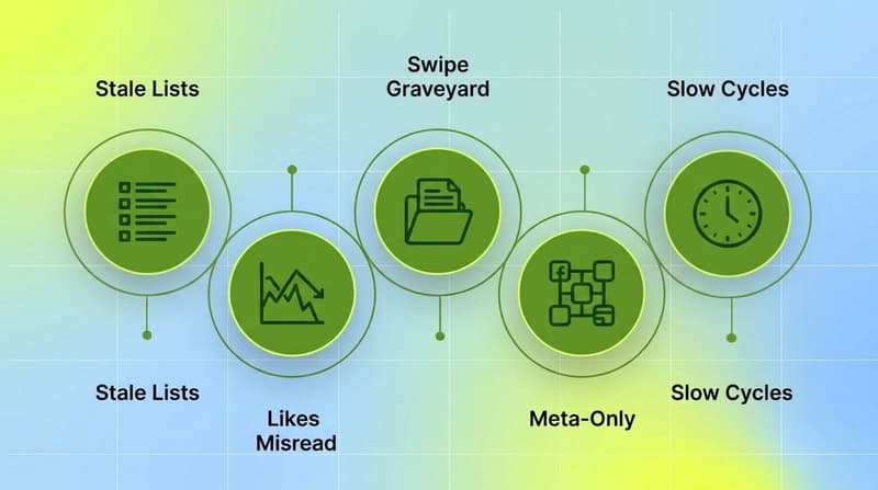 Cluster diagram showing five common competitor tracking pitfalls including stale lists, misread engagement, swipe graveyards, Meta-only focus, and slow cycles