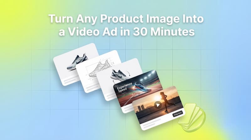 Fan of product ad creative cards showing AI video ad workflow stages