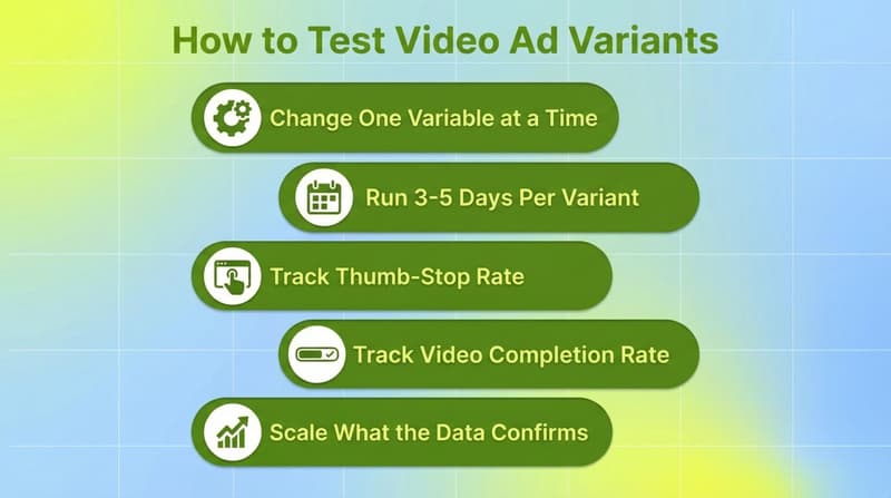 Green pill list showing five video ad variant testing steps including thumb-stop rate and VCR tracking