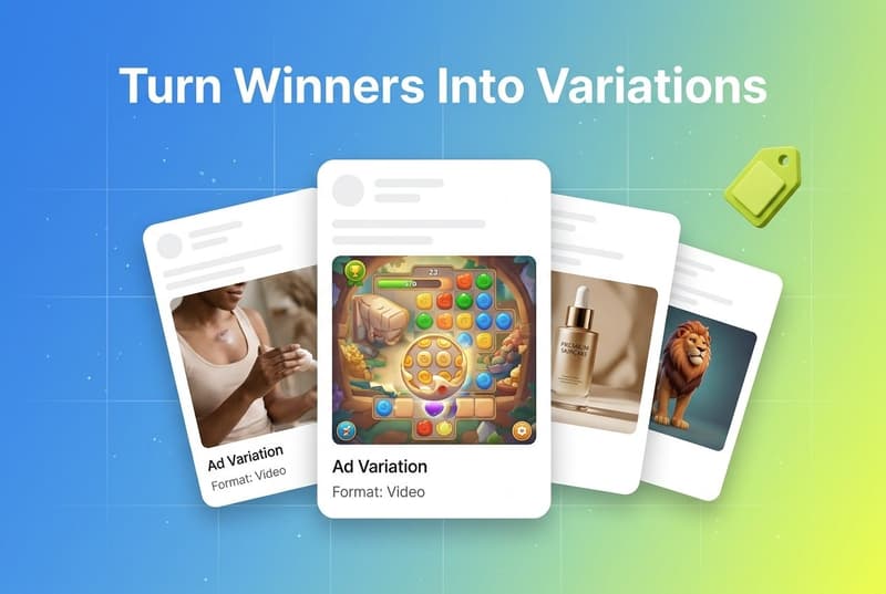 Fanned ad creative cards spreading one winning ad into several new variations with a floating tag accent