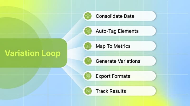 Six-step workflow showing consolidate, tag, map, generate, export, and track for producing ad variations
