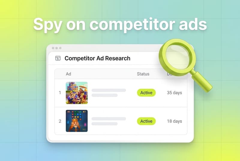 Magnifying glass examining a competitor ad creative card in the Meta Ad Library