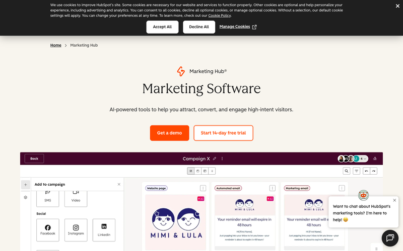 HubSpot Marketing Hub homepage, screenshot taken September 2026