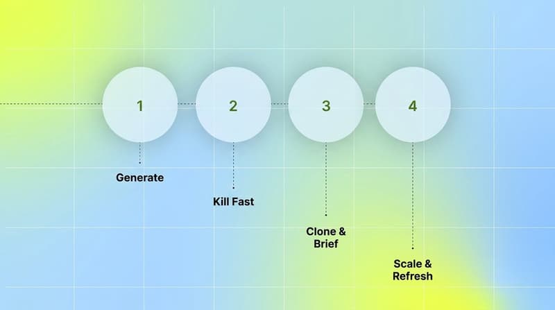 Four-step 30-day production calendar: generate, kill fast, clone and brief, scale and refresh