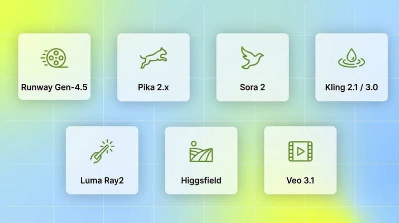 Seven white feature cards listing image-to-video tools Runway, Pika, Sora 2, Kling, Luma, Higgsfield, Veo
