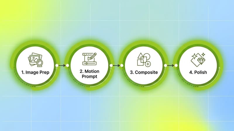Four-stage workflow rings labeled image prep, motion prompt, composite, and polish