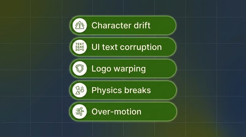 Five green pills listing AI video failure modes character drift, text corruption, logo warping, physics breaks, over-motion
