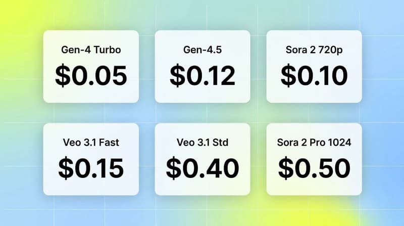 Six white comparison cards showing per-second API pricing for Runway, Sora 2, and Veo 3.1 image-to-video models