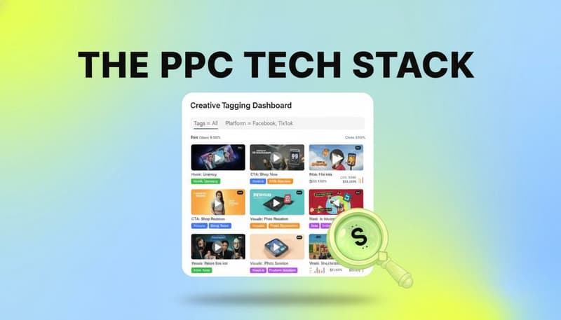 Segwise creative tagging dashboard cover showing PPC tech stack with magnifying glass accent