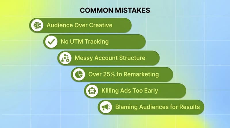 Six behavioral red flags that signal poor media buying craft: audience obsession, no UTM tracking, messy structure, over-remarketing, early ad kills, blaming audiences