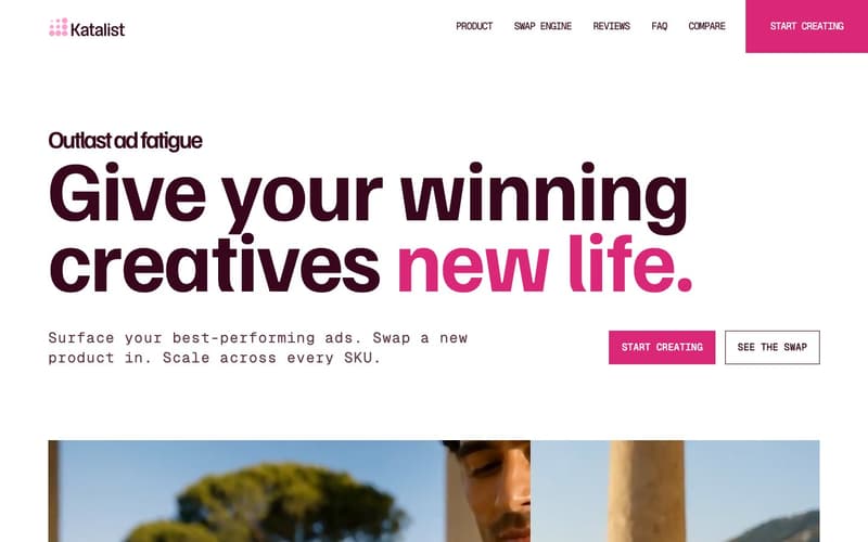 Katalist homepage with the give your winning creatives new life headline and outlast ad fatigue tagline