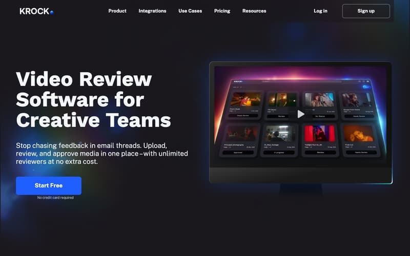 Krock.io homepage with the video review software for creative teams headline and a review board preview