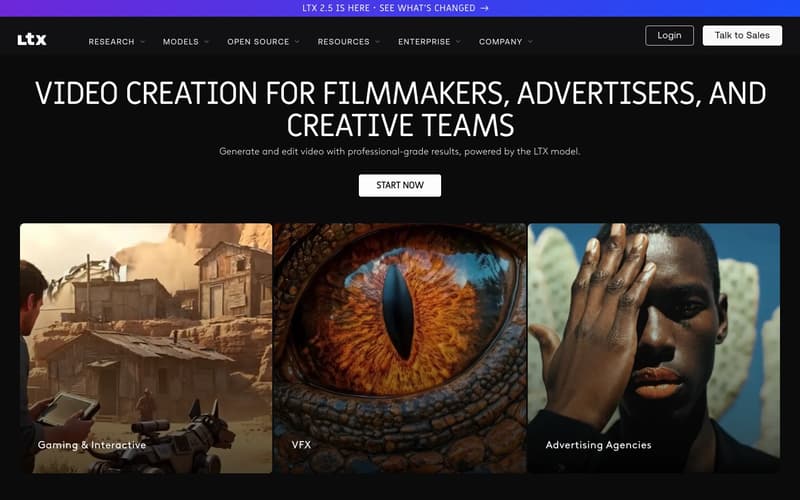 LTX Studio homepage with the video creation for filmmakers, advertisers and creative teams headline