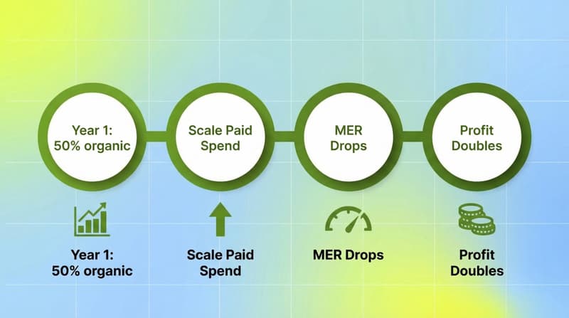 4-step process flow showing MER scaling scenario: Year 1 baseline, scale paid spend, MER drops, profit doubles