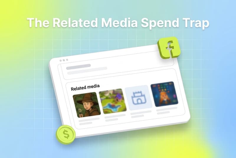 Tilted Meta Ads Manager card showing Related Media panel with blurred creative thumbnails, Facebook badge, and dollar coin accent