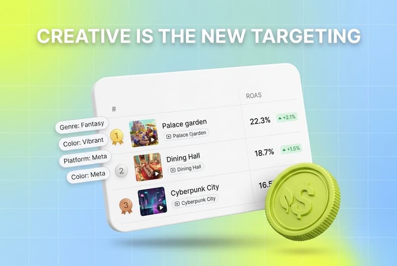 Layered cards showing Segwise creative analytics dashboard with leaderboard, tag chips, and a 3D dollar coin accent