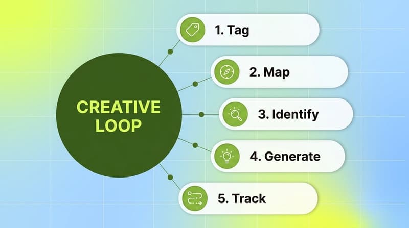 Five-step creative intelligence loop showing tag, map, identify, generate, and track stages radiating from a central Creative Loop hub