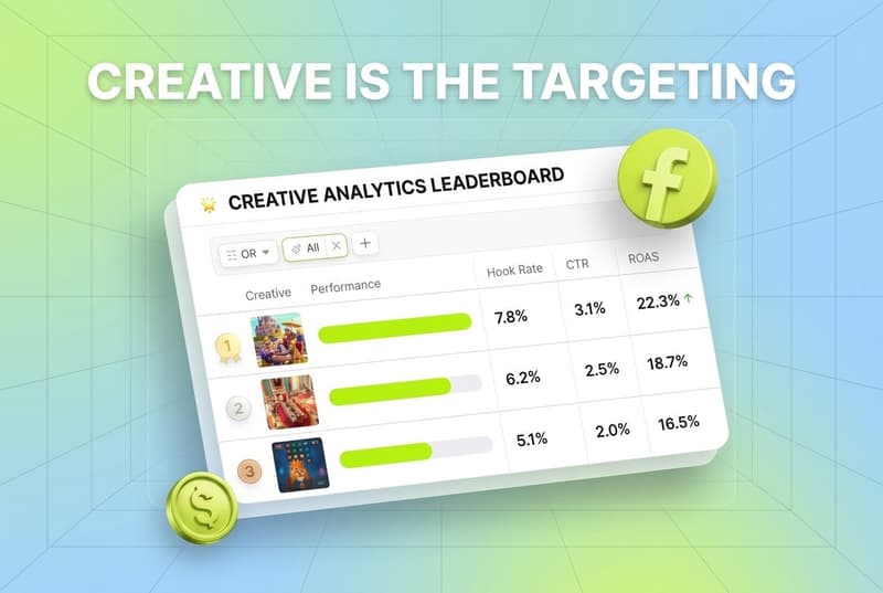 Tilted Segwise dashboard card showing Meta ad creative leaderboard with hook rate and ROAS columns, plus floating Meta badge and dollar coin accents