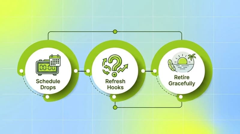 Three-step process flow showing the Meta creative refresh cadence: schedule drops, refresh hooks, and retire gracefully