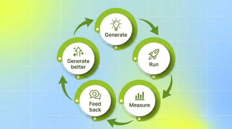 Circular loop diagram with five stages: generate, run, measure, feed back, and generate better