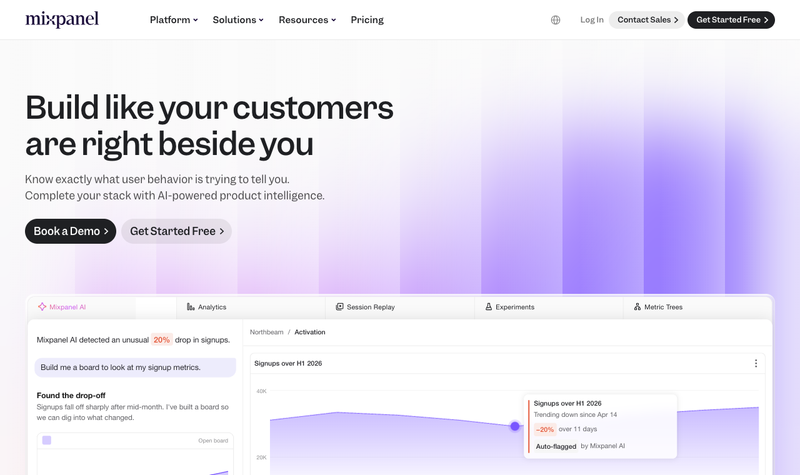 Mixpanel homepage, screenshot taken September 2026