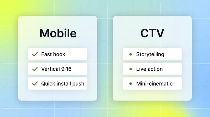 Two white comparison cards contrasting mobile creative fast hooks and vertical format against CTV storytelling and live-action mini-cinematic ads