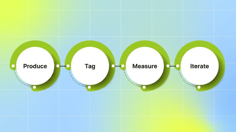 Four-ring green process flow showing the creative test-and-iterate loop: produce, tag, measure, then iterate