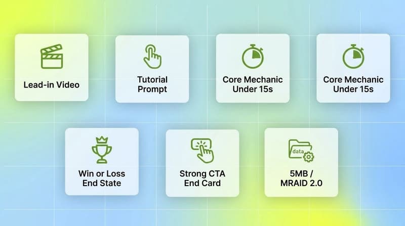 Six-card checklist of playable ad attributes: lead-in video, tutorial prompt, end card, 5MB MRAID