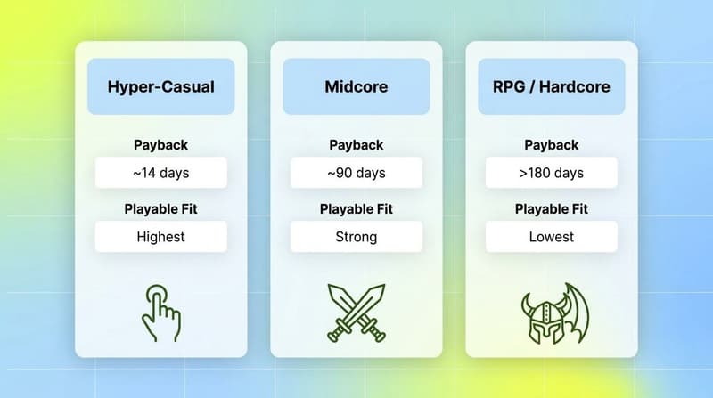 Three genre comparison cards for hyper-casual, midcore and RPG showing payback and playable fit