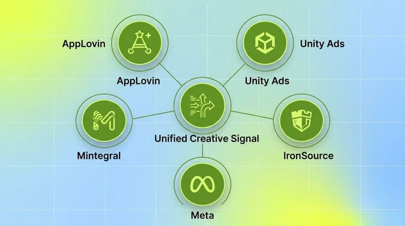 Network diagram unifying AppLovin, Unity, Mintegral, IronSource and Meta into one creative signal hub