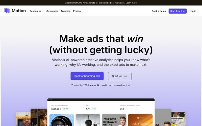 Motion homepage showing AI-powered creative analytics with a weekly spend, ROAS and creatives launched dashboard