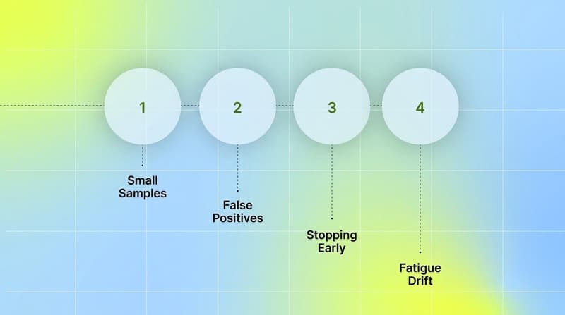 Four multivariate testing pitfalls shown as numbered circles: small samples, false positives, stopping early, fatigue drift