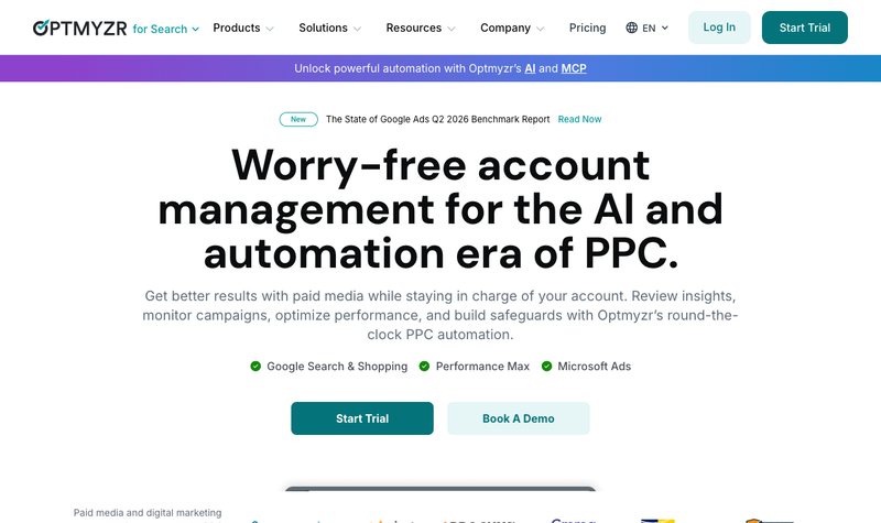 Optmyzr homepage, screenshot taken September 2026