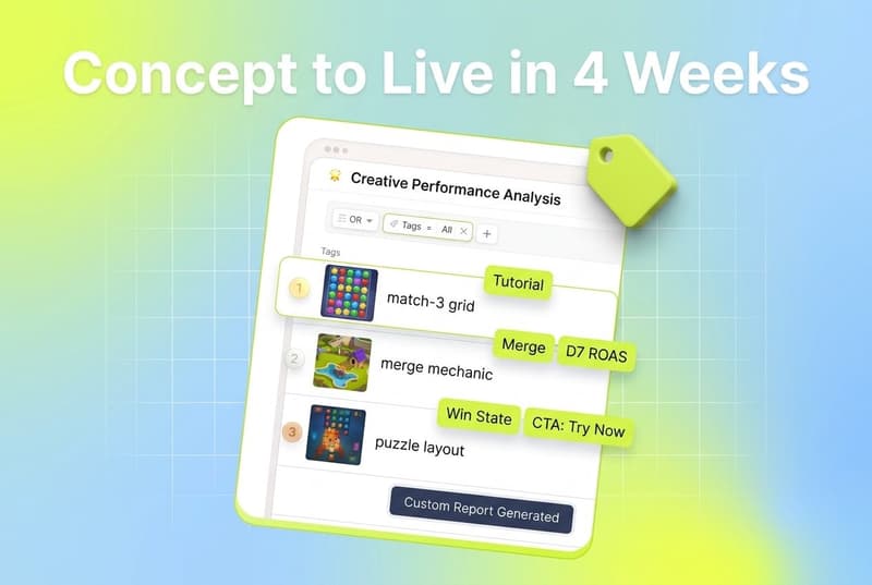 Segwise dashboard card showing playable ads tagged with mechanics, layouts and CTA labels, tilted in perspective with a chartreuse-lime 3D price tag accent.