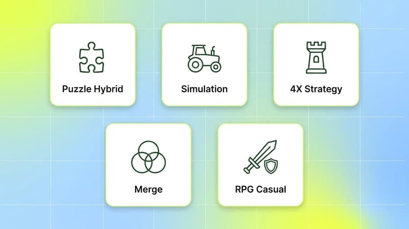 Five white feature cards in a staggered 3-plus-2 grid showing the top playable game mechanics in 2026: Puzzle Hybrid, Simulation, 4X Strategy, Merge, RPG Casual.