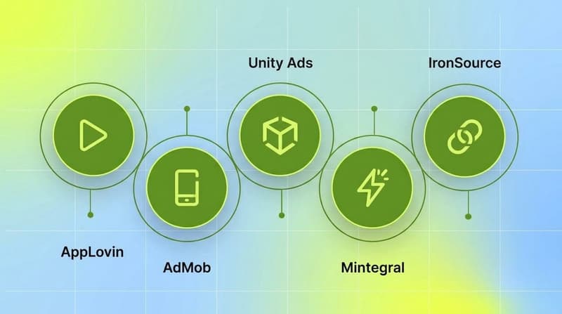 Staggered cluster of five green circles representing the major playable ad distribution networks: AppLovin, AdMob, Mintegral, Unity Ads, IronSource.