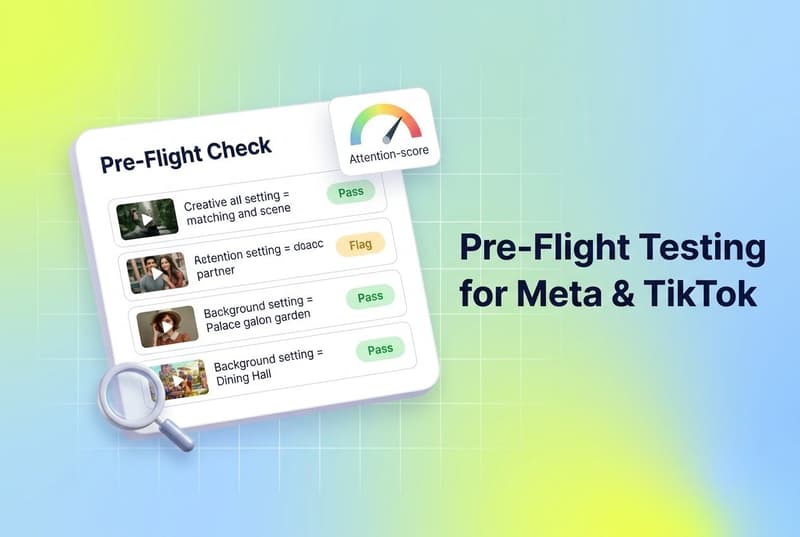 Tilted UI card showing a creative pre-flight check dashboard with pass and flag status pills and a magnifying glass accent