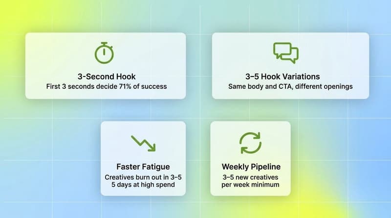 Four white cards in a 2 by 2 grid showing TikTok pre-flight rules: 3-second hook, 3-5 hook variations, faster fatigue, weekly refresh