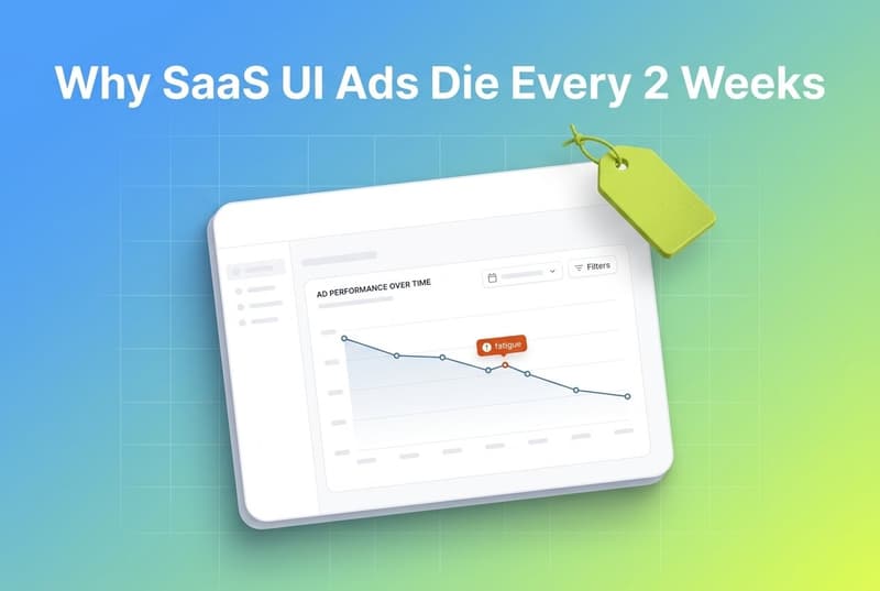 Tilted SaaS dashboard card with declining performance chart and fatigue alert, headline about UI ads dying every two weeks