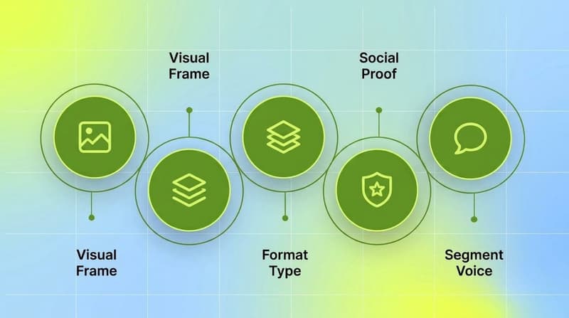Four green circles labeled Visual Frame, Format Type, Social Proof, and Segment Voice showing the dimensions that reset SaaS ad fatigue