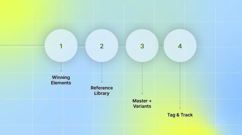 Four numbered steps for an AI video ad workflow: winning elements, reference library, master plus variants, tag and track