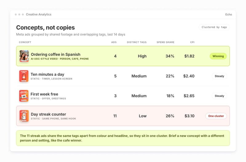 Segwise Creative Analytics view showing Echo ads grouped into concepts by shared tags, with spend share and CPI