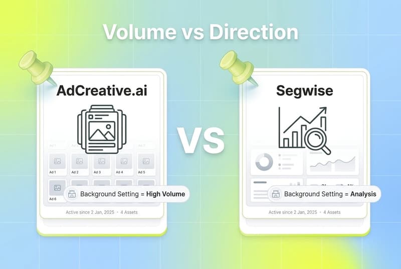 Versus comparison of AdCreative.ai and Segwise showing template volume versus data-backed creative