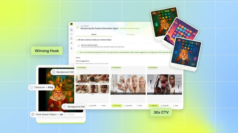 Segwise creative generation interface producing new CTV video ad suggestions with winning hook tags